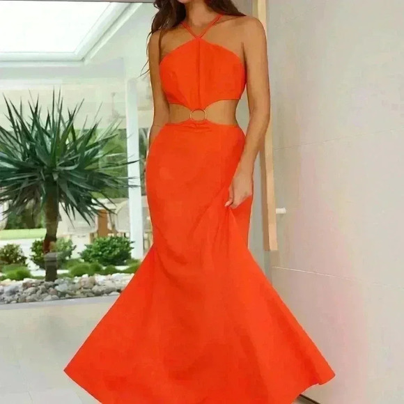 Burnt Orange Boho Women's Backless Hollow-Out Solid Color Sleeveless Dress - Picture 4 of 6